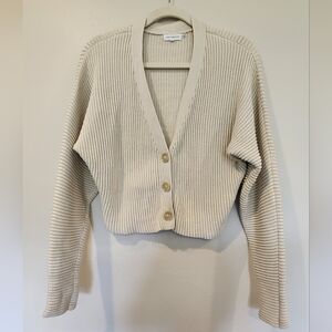 Good American Ribbed White Cream Long-Sleeve Cropped Button Sweater Women's 2